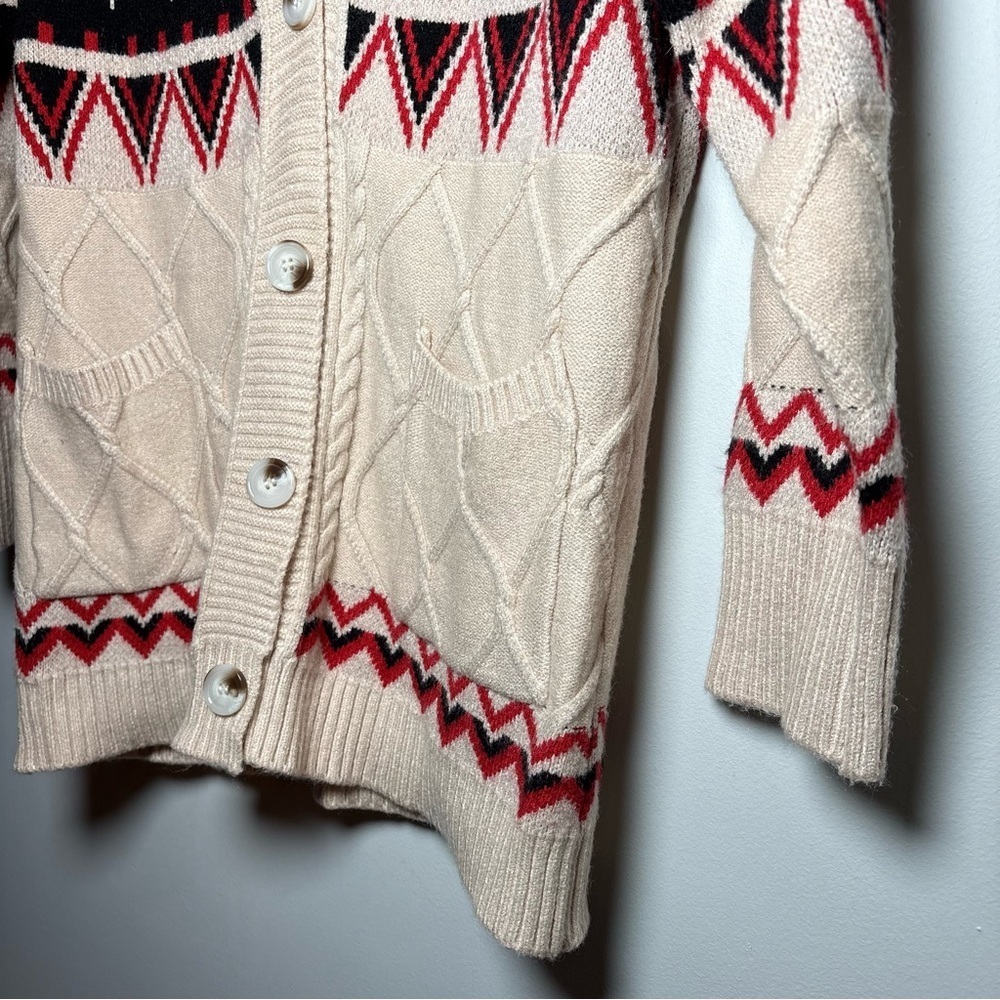 On Blue Fair Isle Cable Knit Geometric Pattern Cardigan Sweater Women’s Small - Picture 5 of 9